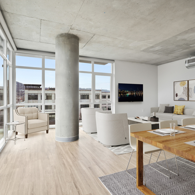 Asa Flats + Lofts - Premium Renovation - Spacious Living Room and Dining Area with Floor-to-Ceiling Windows